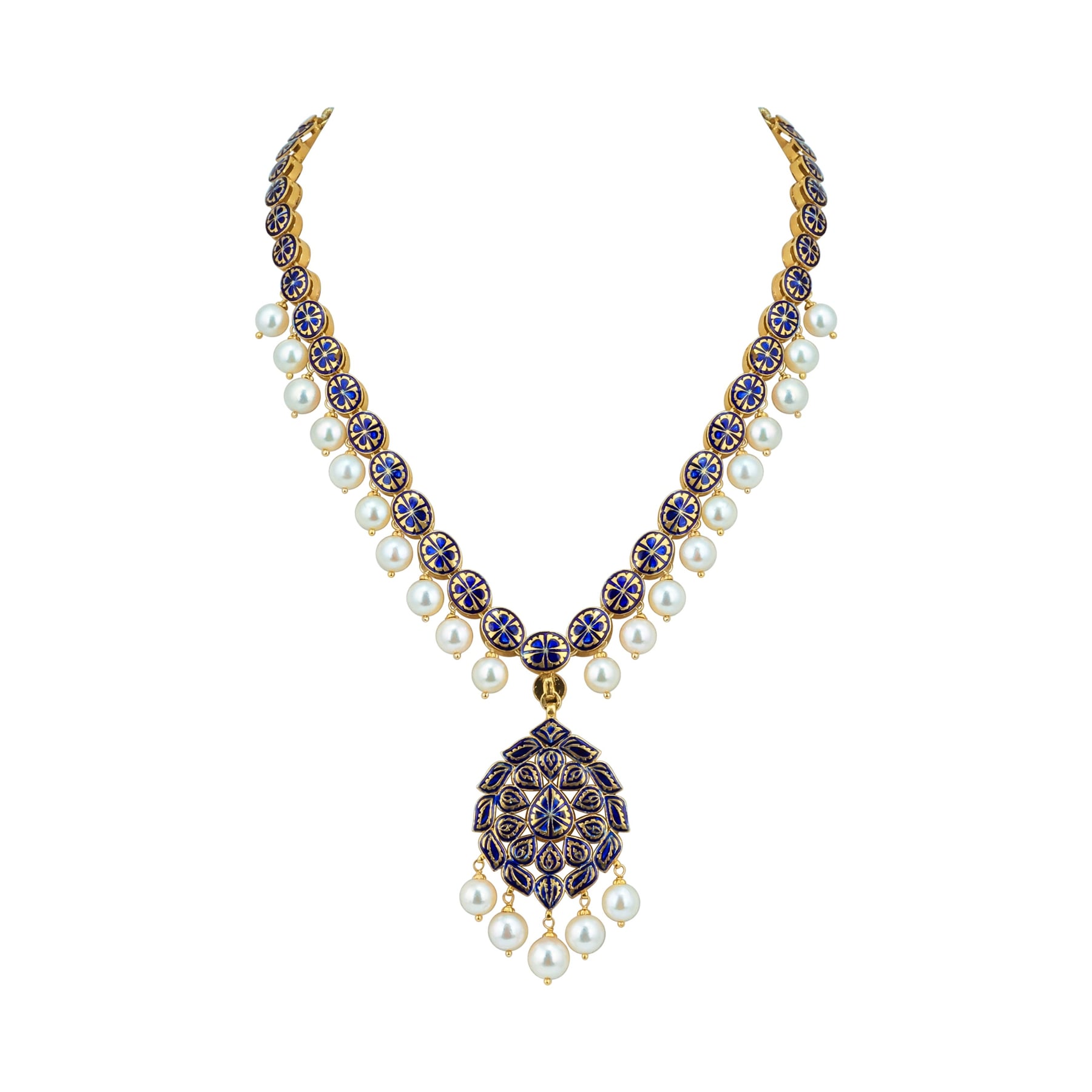 Linear Polki Necklace with Pendant and Pearl Drop